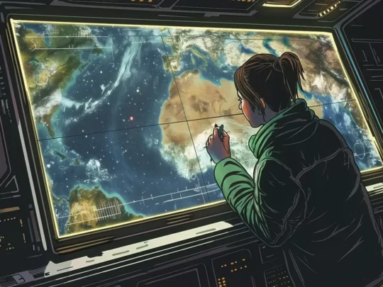 Astronautin beobachtet die Erde von ihrem Raumschiff aus auf einem grossen Display