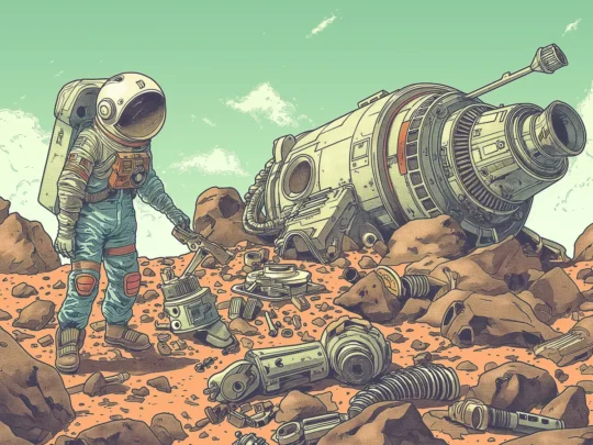 Ein Astronaut sortiert Teile um seine Raumkapsel zu reparieren