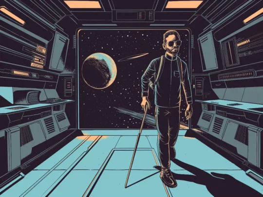 Blinde Person geht am Stock durch eine Waltraum-Fähre.