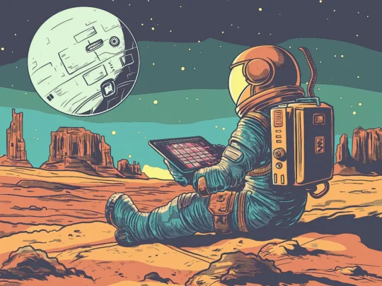 Ein sitzender Astronaut bedient ein Tablet auf einem fremden Planeten